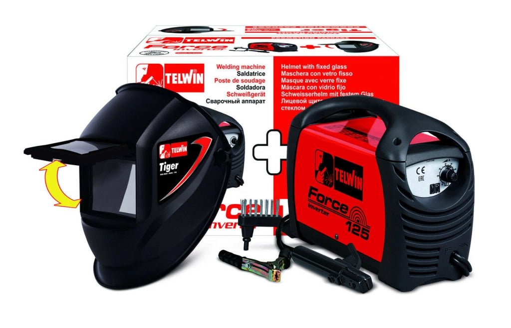 Saldatrice inverter Telwin Force 125 + Maschera Tiger + Accessori saldatura MMA