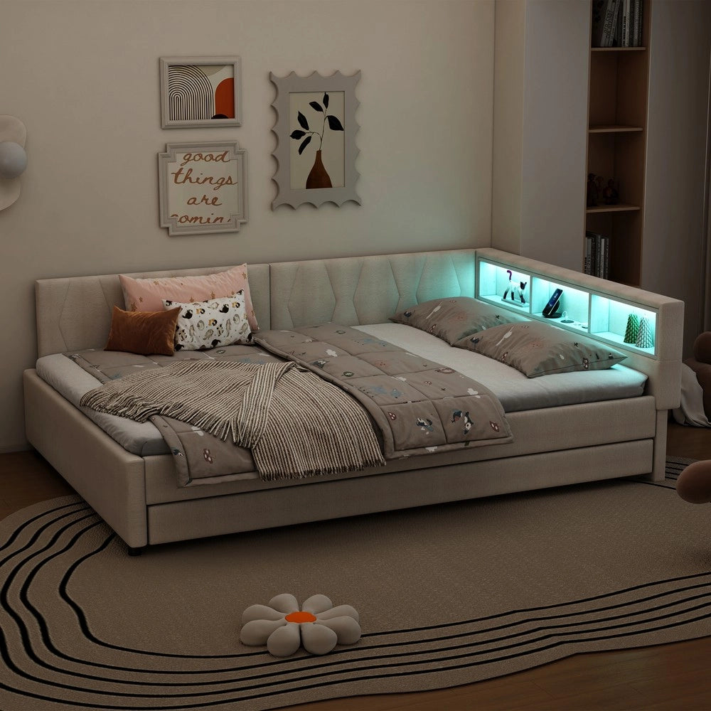 Letto Giorno con Letto Estraibile, LED e USB ¨C MINIMAL ¨C Tessuto Beige 140x200