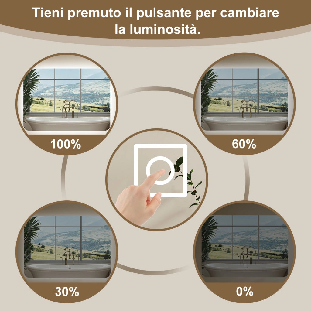 AICA 100 x 80cm Specchio da bagno con LED, Rettangolare, Touch, Memoria, Dimmerabile, Retroilluminato