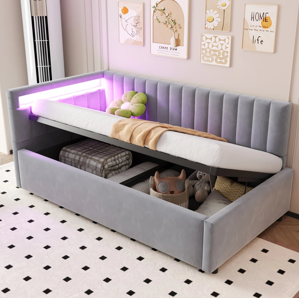 Divano letto 90x200 cm con LED e vano contenitore idraulico; in velluto grigio (Senza materasso)