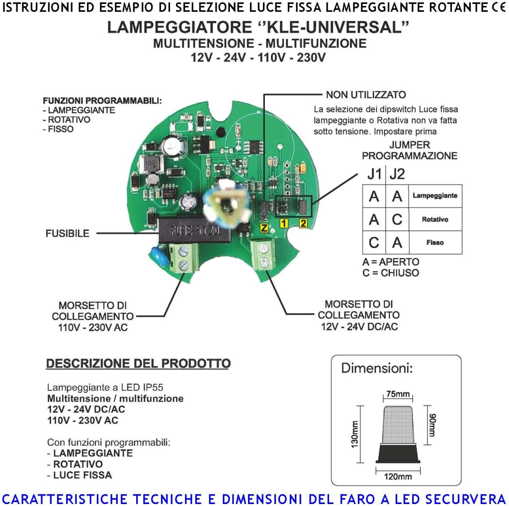 Faro Arancione 9 Led su 3 Steli Selezione Luce Fissa Lampeggiante o Rotante Aliment. 12/24/230 V Montaggio a Palo o Parete Uso Monitore di Automatismi o Ripetitore di allarme Cover Metacrilato IP55