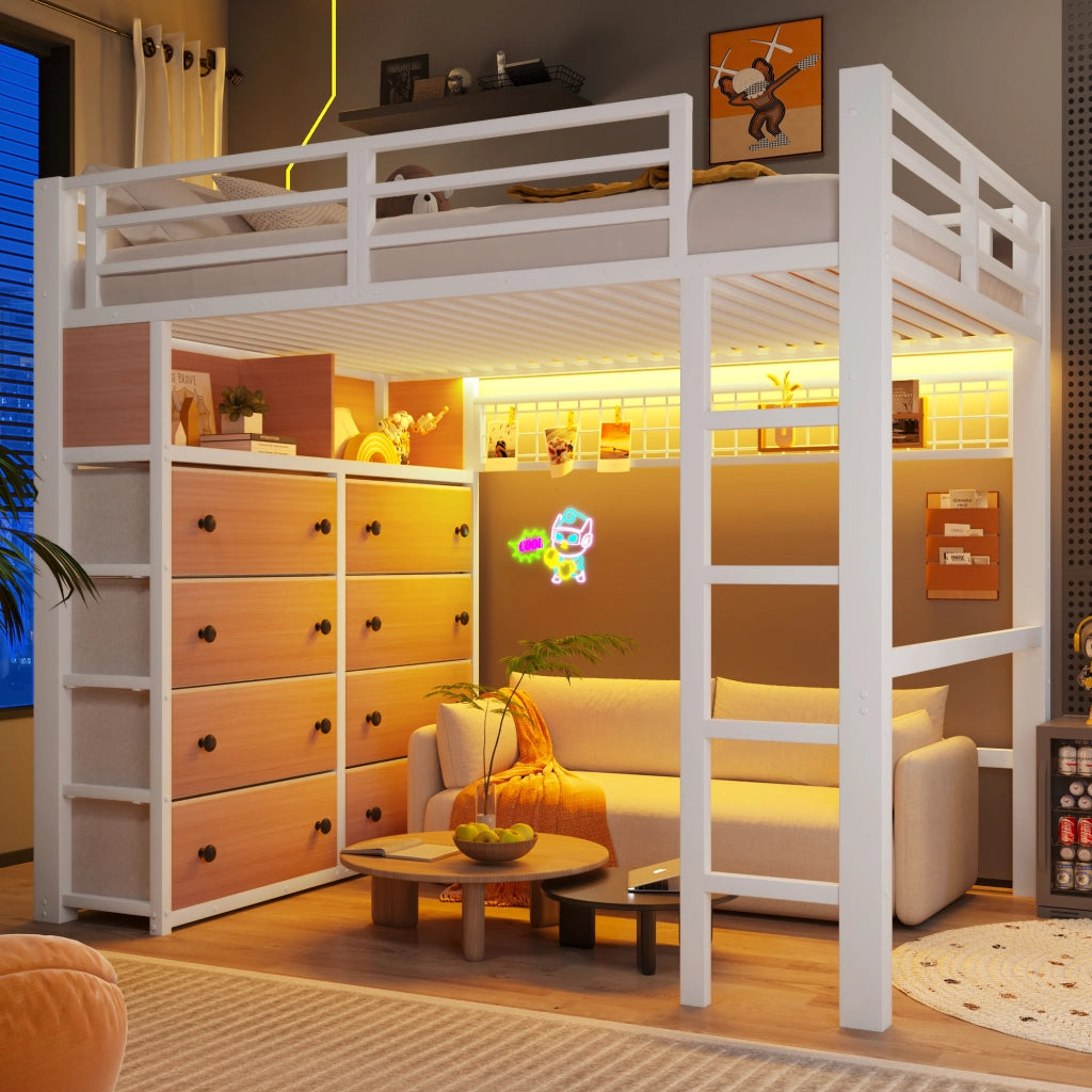 LETTO a soppalco 140x200 cm in metallo e MDF bianco con 8 cassetti e LED