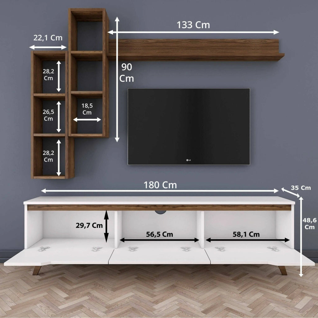 Parete attrezzata Atax, Composizione soggiorno, Mobile salotto multiuso, Armadio porta TV, 180x35h49 cm, Bianco e Noce