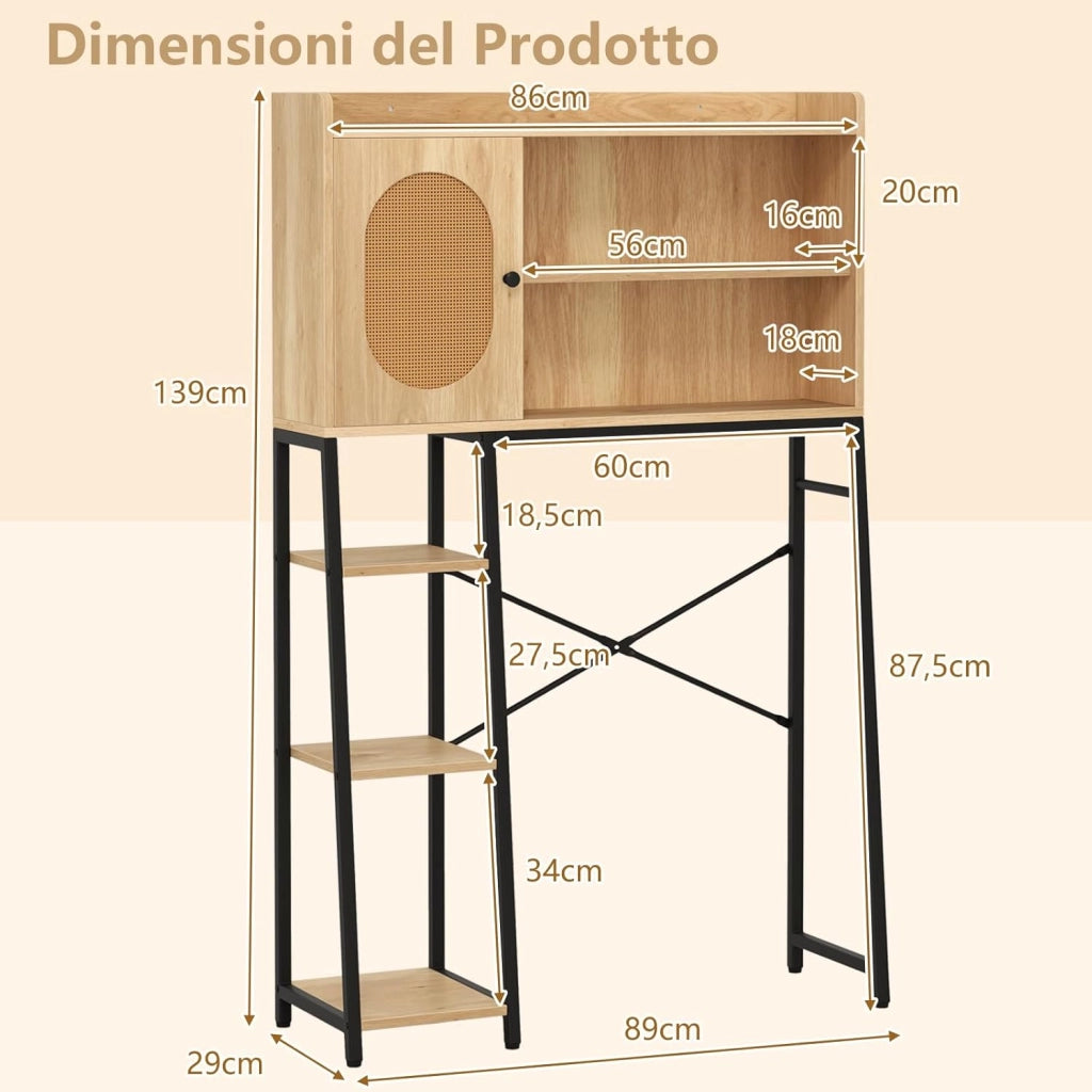 Scaffale Bagno 139cm sopra WC, Mobile Bagno Salvasapzio con Porta in Rattan PE, Ripiani di Stoccaggio Aperti e Supperto in Metallo, Organizzatore sopra Gabinetto, Nero e Marrone