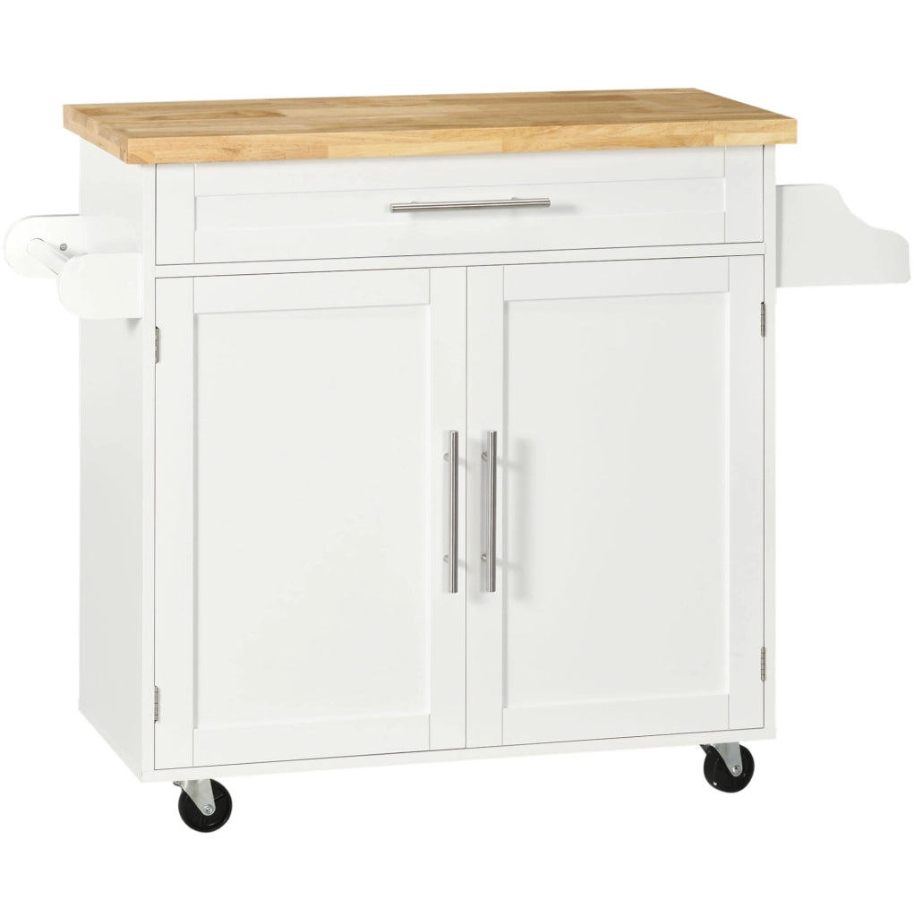 Carrello da cucina 109x40x89 cm con piano di lavoro; porta-spezie e portasciugamani in MDF bianco