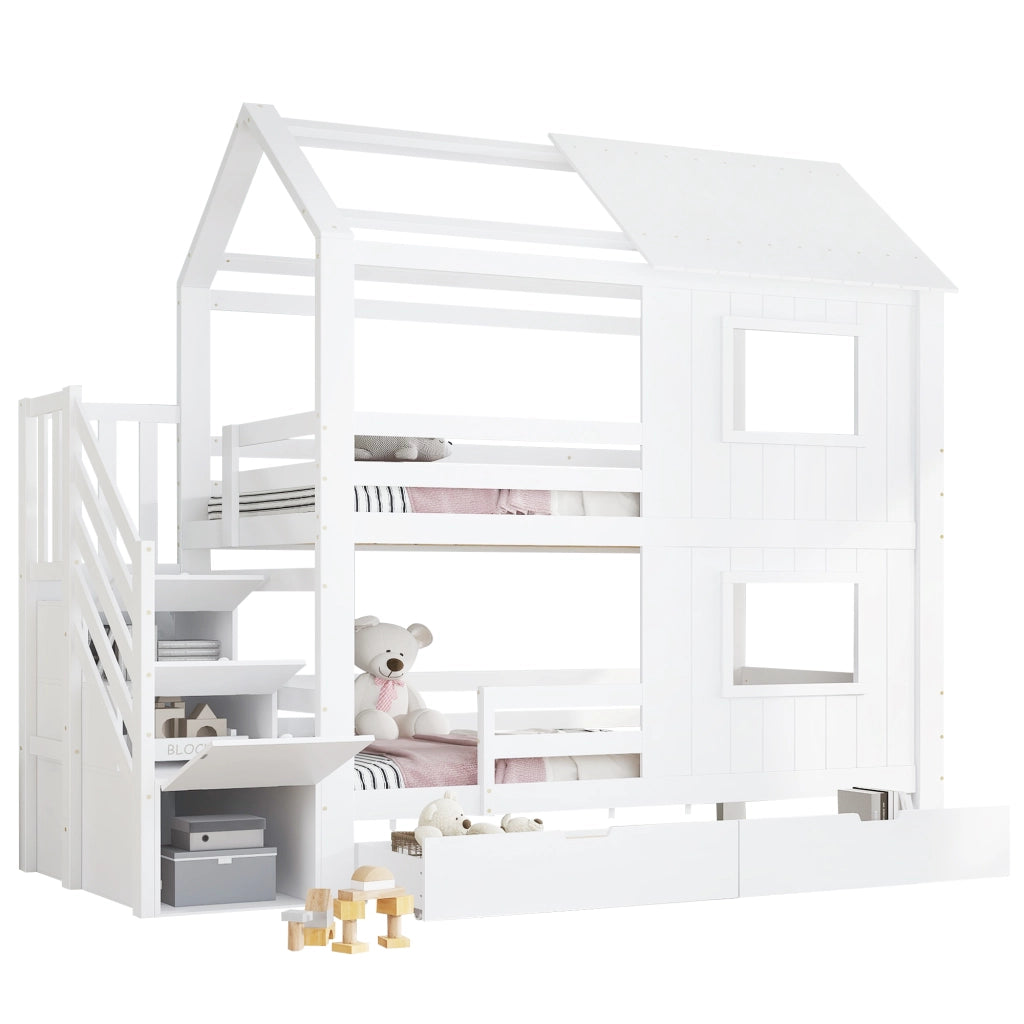 OKWISH Letto a Castello 90×200 cm, Letto Singolo con Scala Contenitore, Cassetto con Ruote e Finestre e Tetto, senza Materasso, Bianco