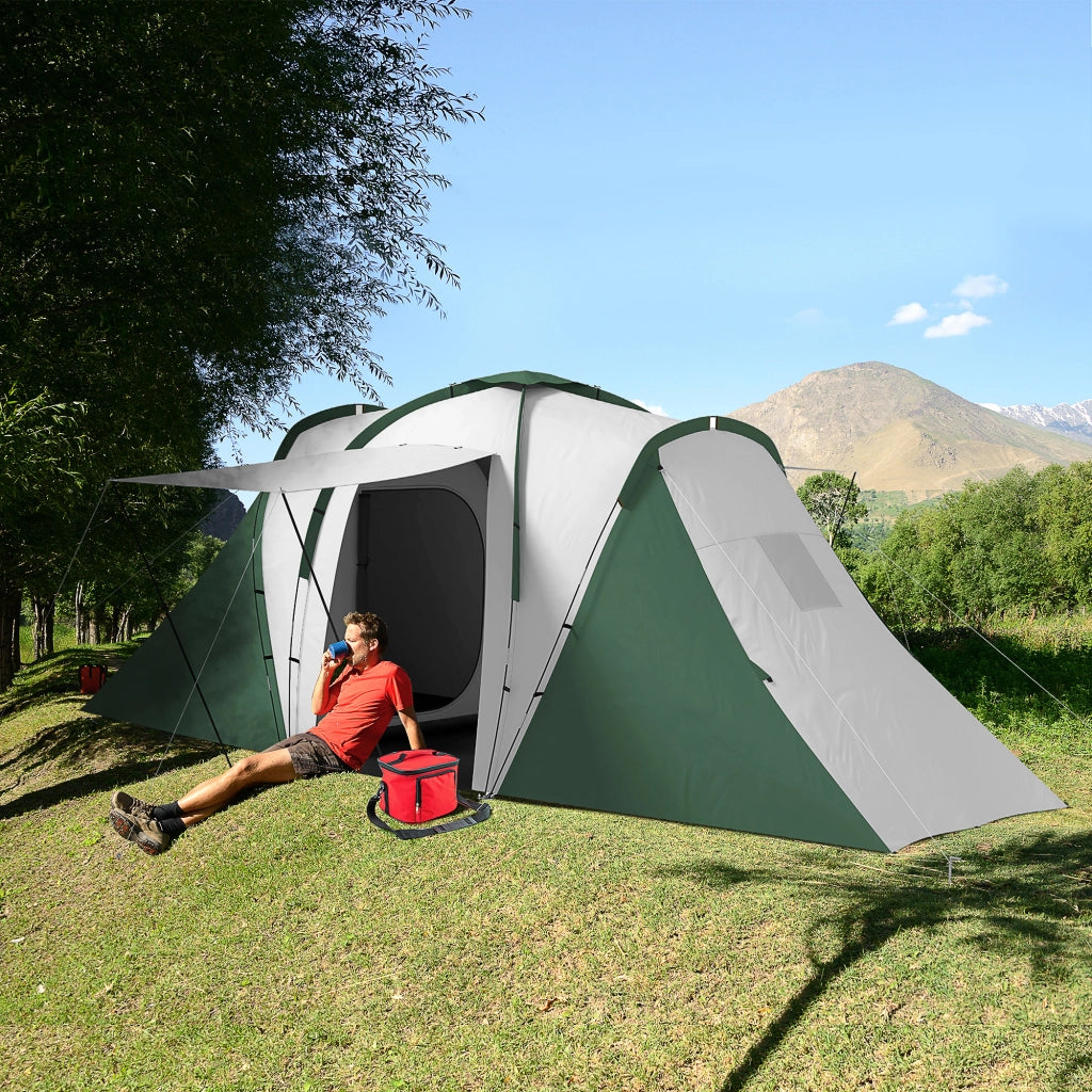 Tenda da Campeggio 555x225x190 cm per 4-6 Persone con 2 Camere Grigio e Verde