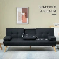 Divano Letto 3 Posti Reclinabile con Rivestimento Effetto Lino e Tavolino a Ribalta, Grigio