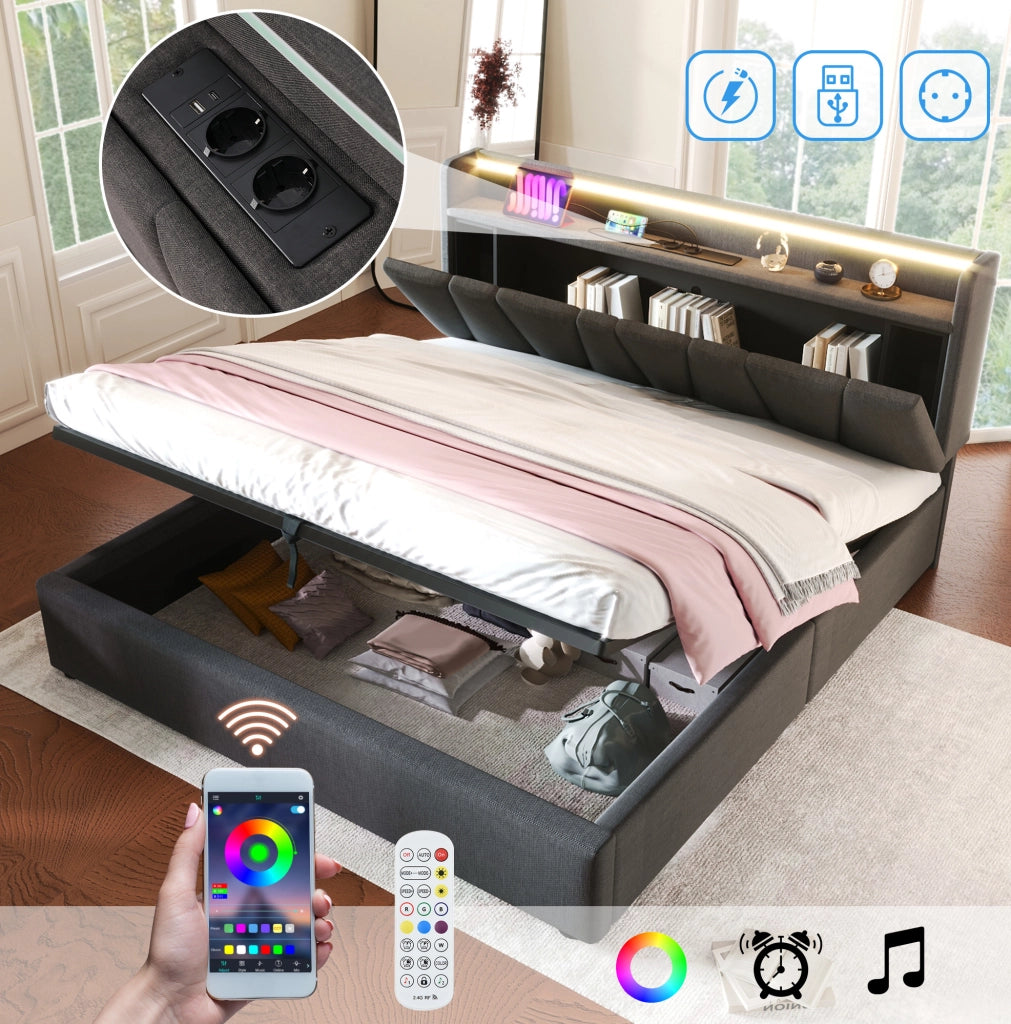 Letto matrimoniale 140x200 con LED RGB, USB e contenitore grigio
