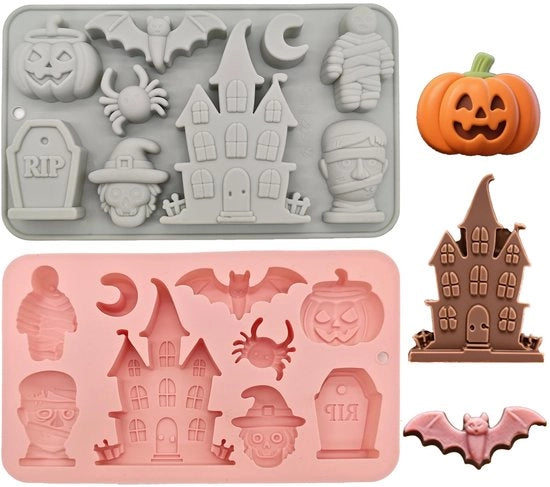 Siliconi per dolci Halloween tema - 2 pezzi - cioccolato/gele - castello/obelisco/zucca - resistente al calore - facile da sciogliere - forma per dolci