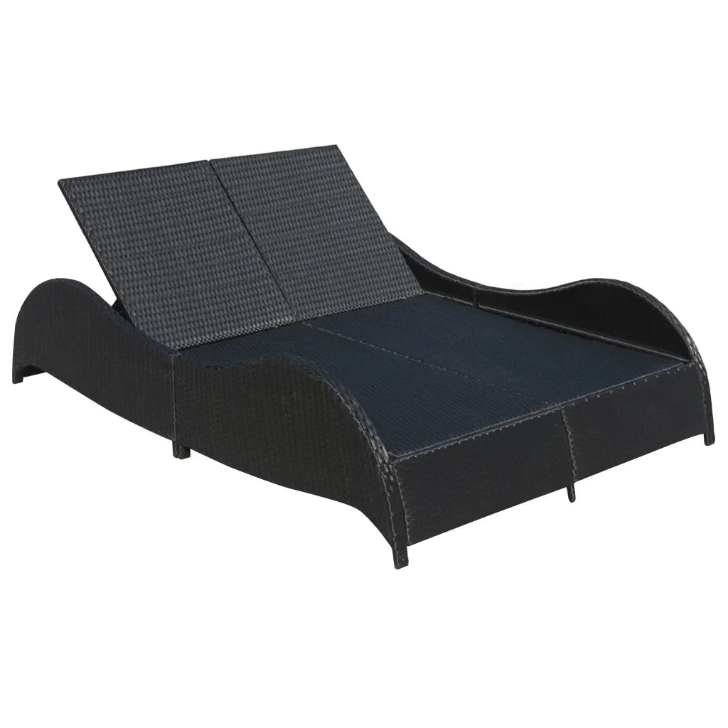 Lettino Prendisole | Sdraio da giardino | Lettino da sole Doppio con Cuscino in Polyrattan Nero