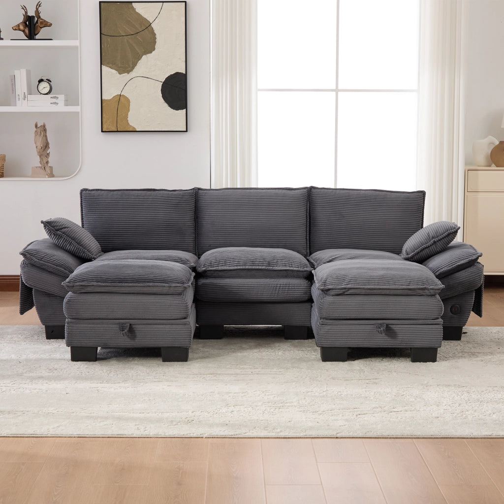 Divano modulare a 3 posti in tessuto corduroy con 2 pouf, seduta ampia ergonomica, USB-C, grigio scuro