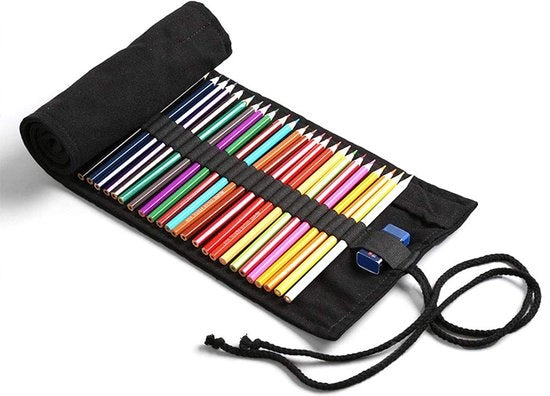 Rullo di matita in legno con 12-72 fori, custodia in lino nero, borsa di stile per matite colorate, attrezzi da disegno e pennelli, per artisti, studenti e adulti (24 fori)