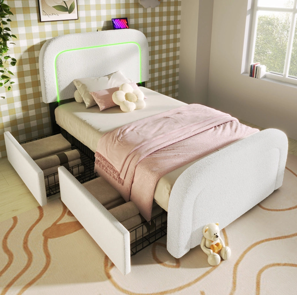 Letto singolo imbottito 90x200 cm in Sherpa bianco con USB Type-C; LED e 2 cassetti