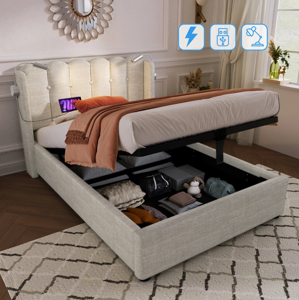 Letto singolo imbottito 90x200 cm in lino beige con luce da lettura; USB e contenitore