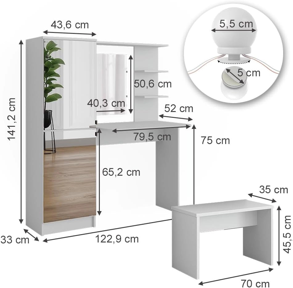 Vicco Tavolo da toilette Jasmin, Bianco, 123 cm con illuminazione a LED e panca