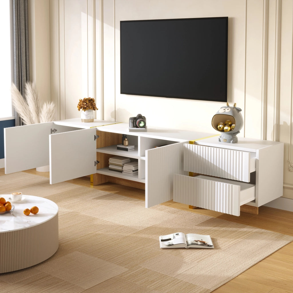 Mobile TV 190x35x45 cm; 2 cassetti e 3 ante con chiusura ammortizzata; MDF e pannello truciolare bianco e oro