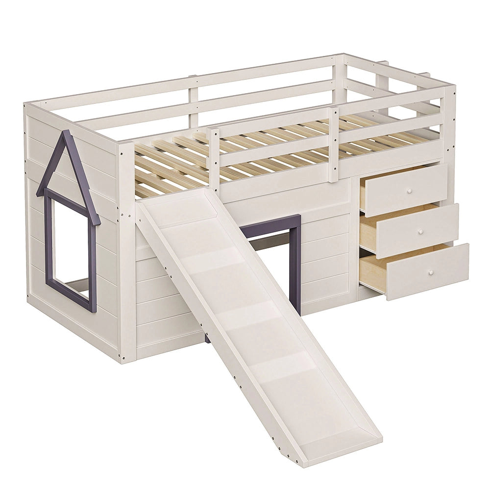 Letto basso con scivolo 90x200cm - Xylo - crema, 3 cassetti+2 ante