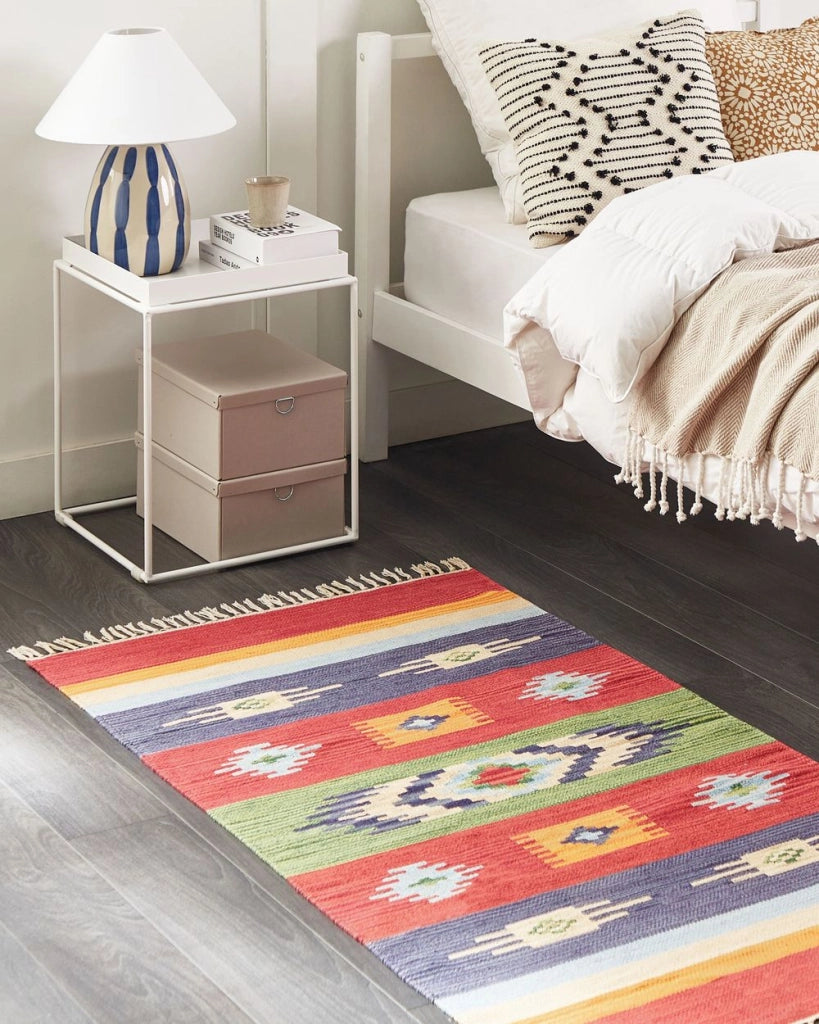 Tappeto Kilim in cotone tessuto a mano reversibile con motivi geometrici e nappe  multicolore 80 x 150 cm soggiorno camera da letto
