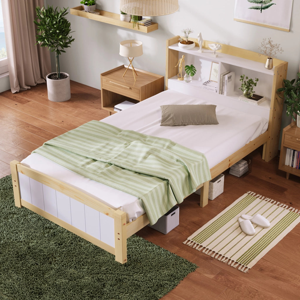 Letto singolo 90 × 200 cm con testiera contenitore, materasso incluso, in legno massello bianco