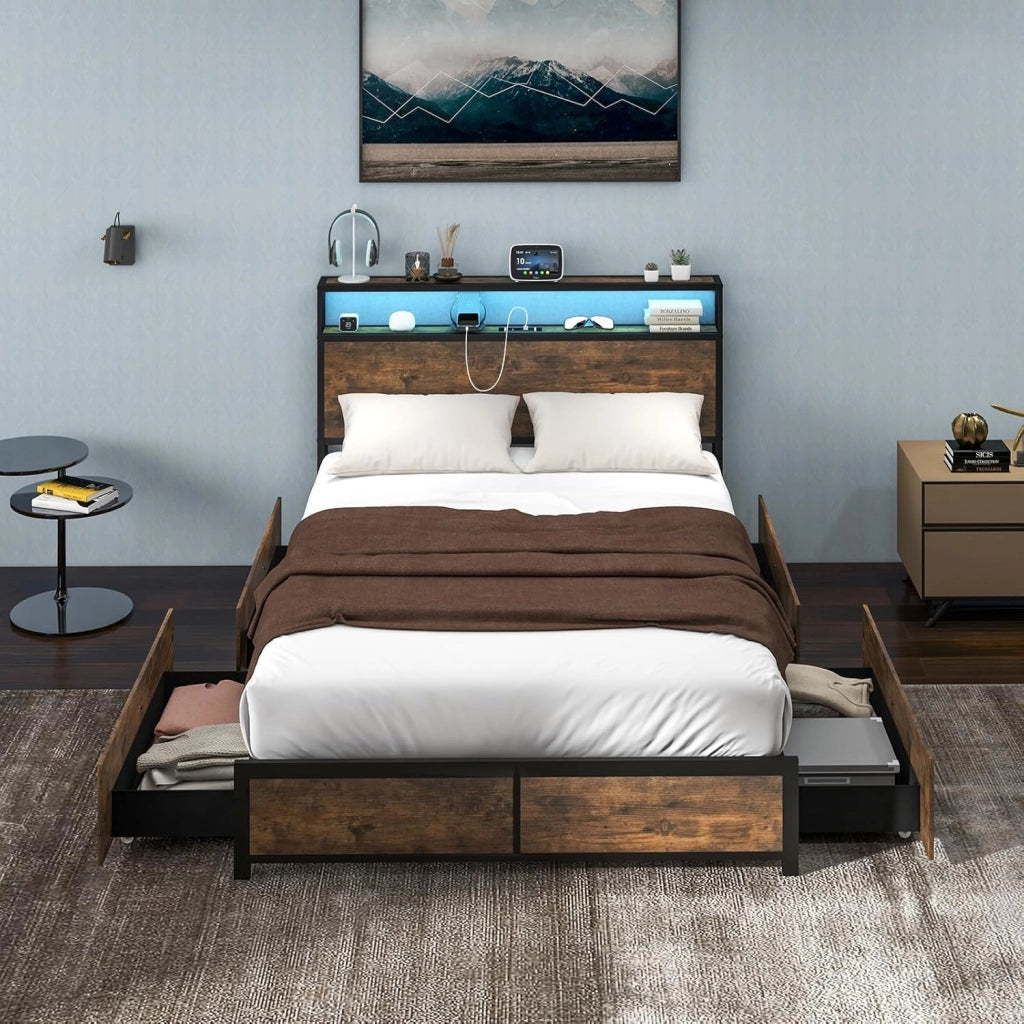 Letto Matrimoniale 140x200 cm, con 4 Cassetti e Testiera, Struttura Letto con Luci LED Regolabile e Presa Multipla, Carico Massimo 300kg, Silenzioso