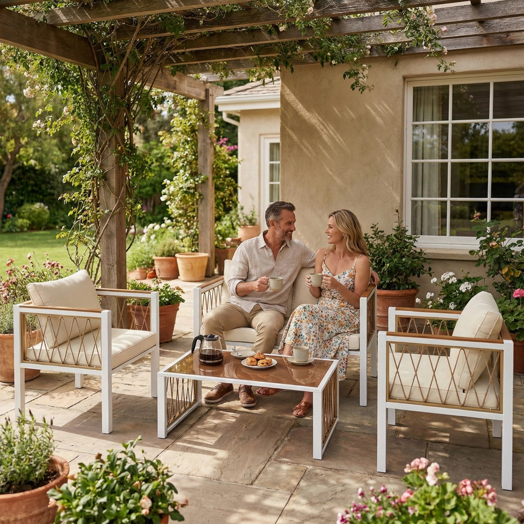 Set Lounge Giardino 4 Pezzi Polyrattan ¨C zephmum ¨C Grigio, Cuscini Rimovibili, Tavolino Vetro