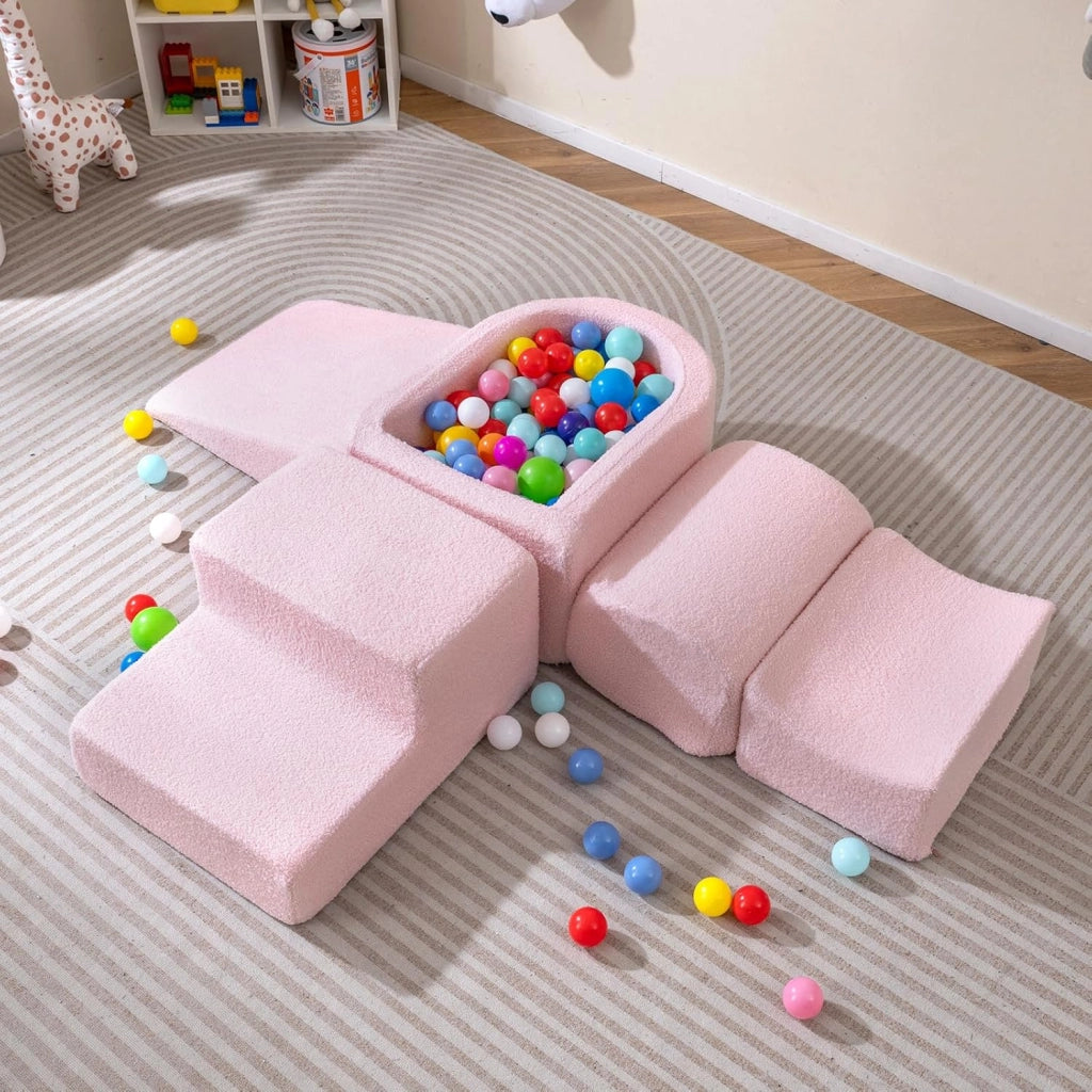 Blocchi da Arrampicata in Schiuma per Bambini, con Piscina di Palline, Set di 5 Pezzi per Arrampicata e Strisciamento, Set da Gioco da Interno per Bambini 3 Anni+ (Rosa,Sherpa)