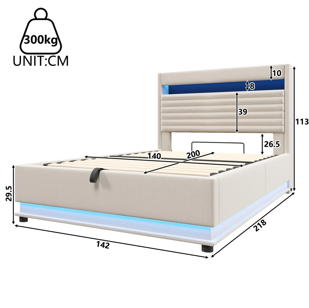 Letto imbottito con contenitore, LED e ricarica USB-C, 140 x 200 cm