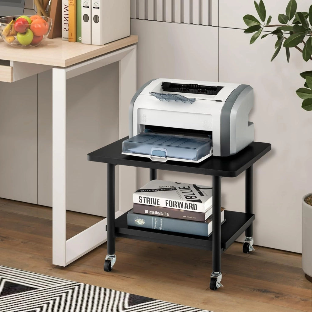 Supporto per Stampante, Carrello Stampante con Ruote Girevoli a 360⁰, Design Rimovibile, Superficie Ampia e Liscia, di Legno e Acciaio, 49 x 40 x 37 cm (Nero)
