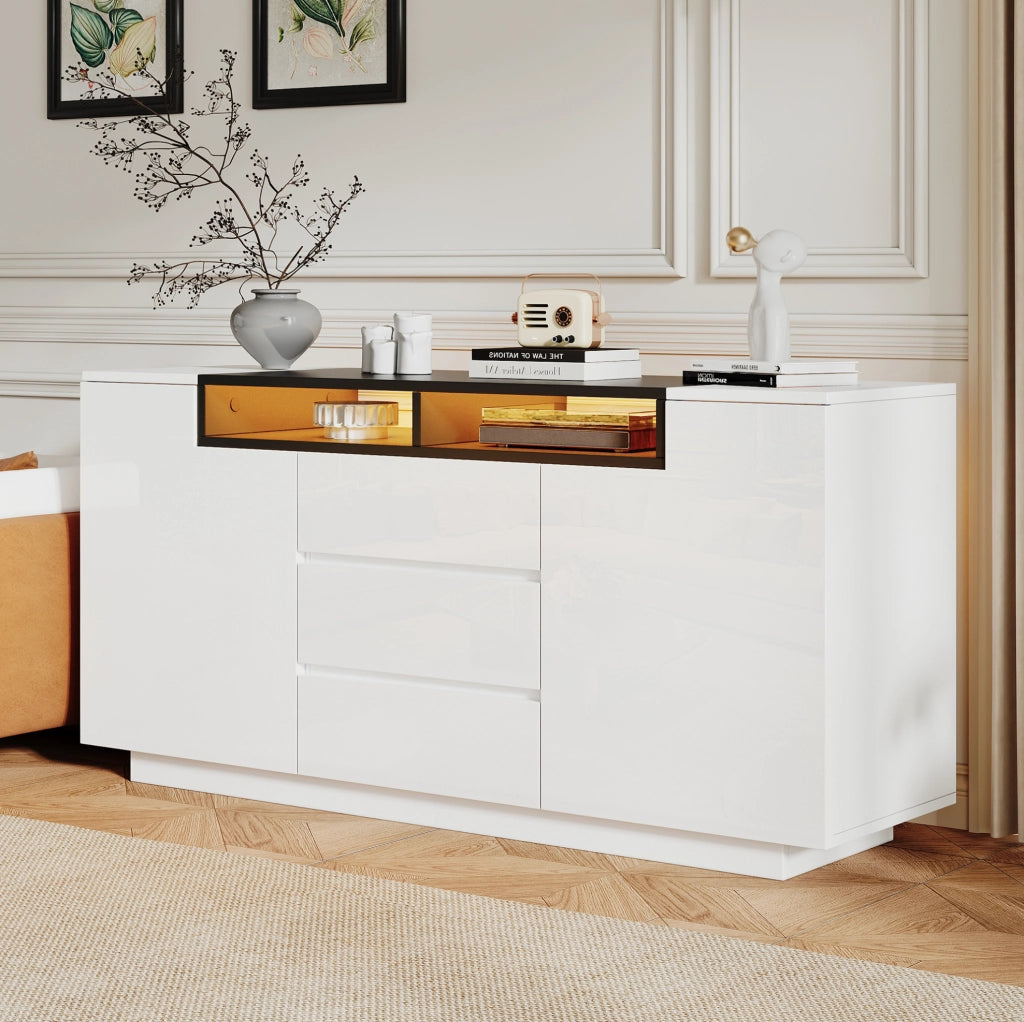 Sideboard soggiorno 140x40x68 cm bianco e nero con LED