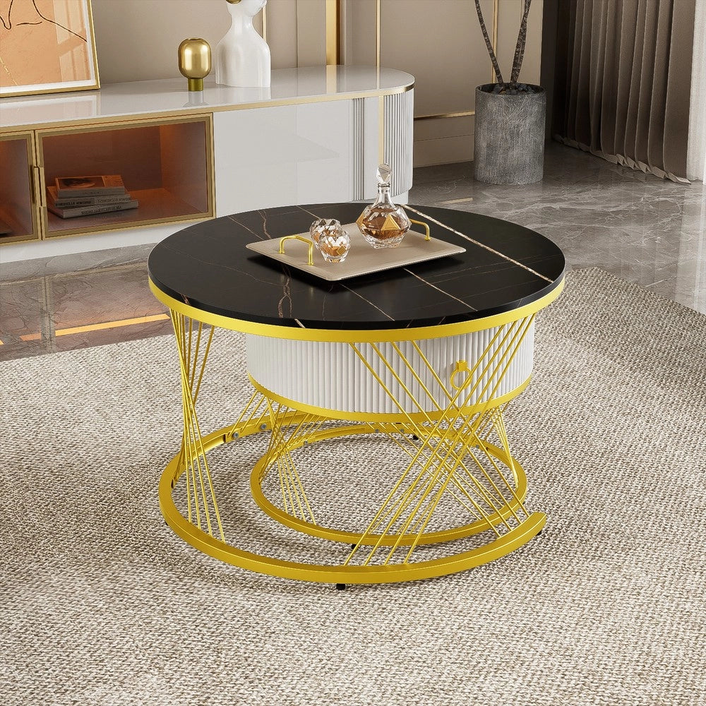 Tavolino da Caff¨¨ Set 2 pezzi ¨C Xylo ¨C Effetto Marmo, Decoro Oro, Cassetti