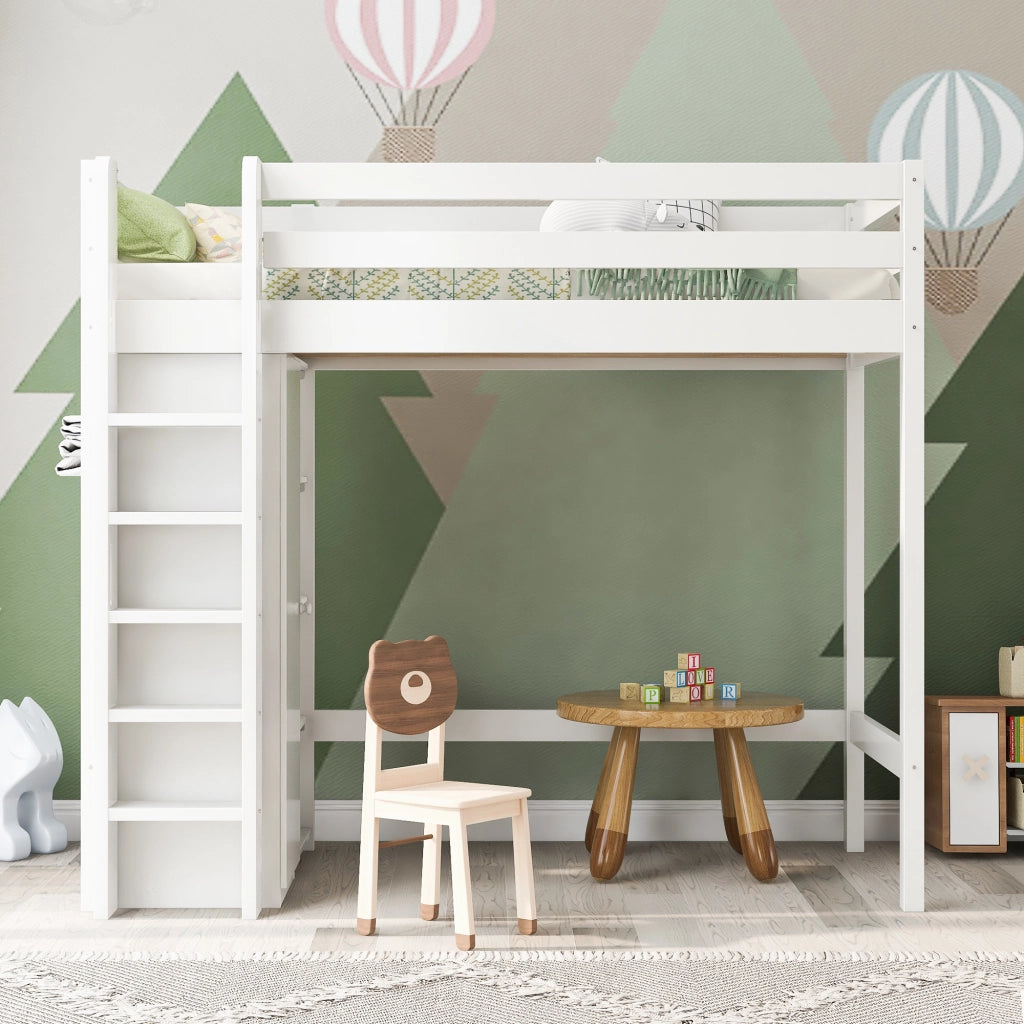 Letto a castello singolo bianco con armadio e 6 ripiani in truciolare e legno massello 90x200 cm