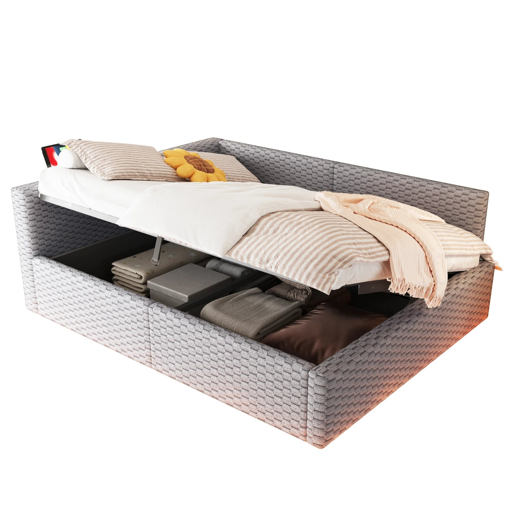 Letto a Divanetto 140x200 cm; Contenitore; LED; USB e Type-C; in Velluto; Grigio