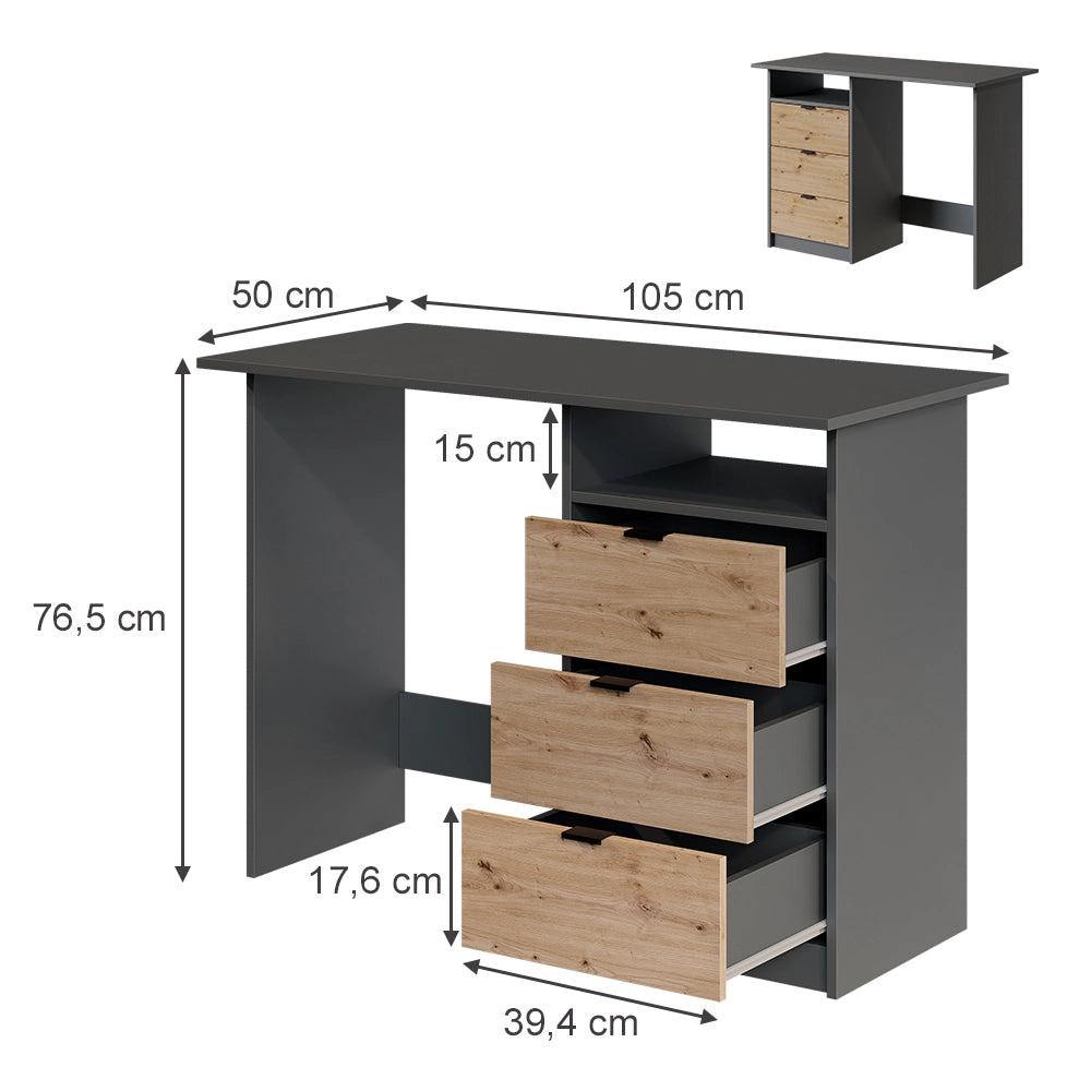 Vicco Scrivania Antracite/Artisan 105 x 50 cm con cassetti