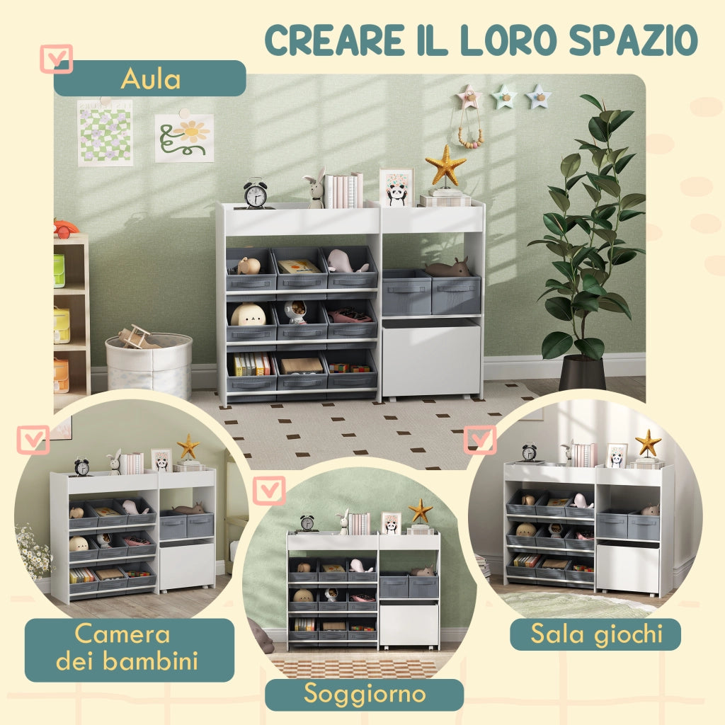 Mobile Portagiochi per Bambini con 11 Cestini in Tessuto. Armadietto e Ripiani. 105x30x80 cm. Bianco