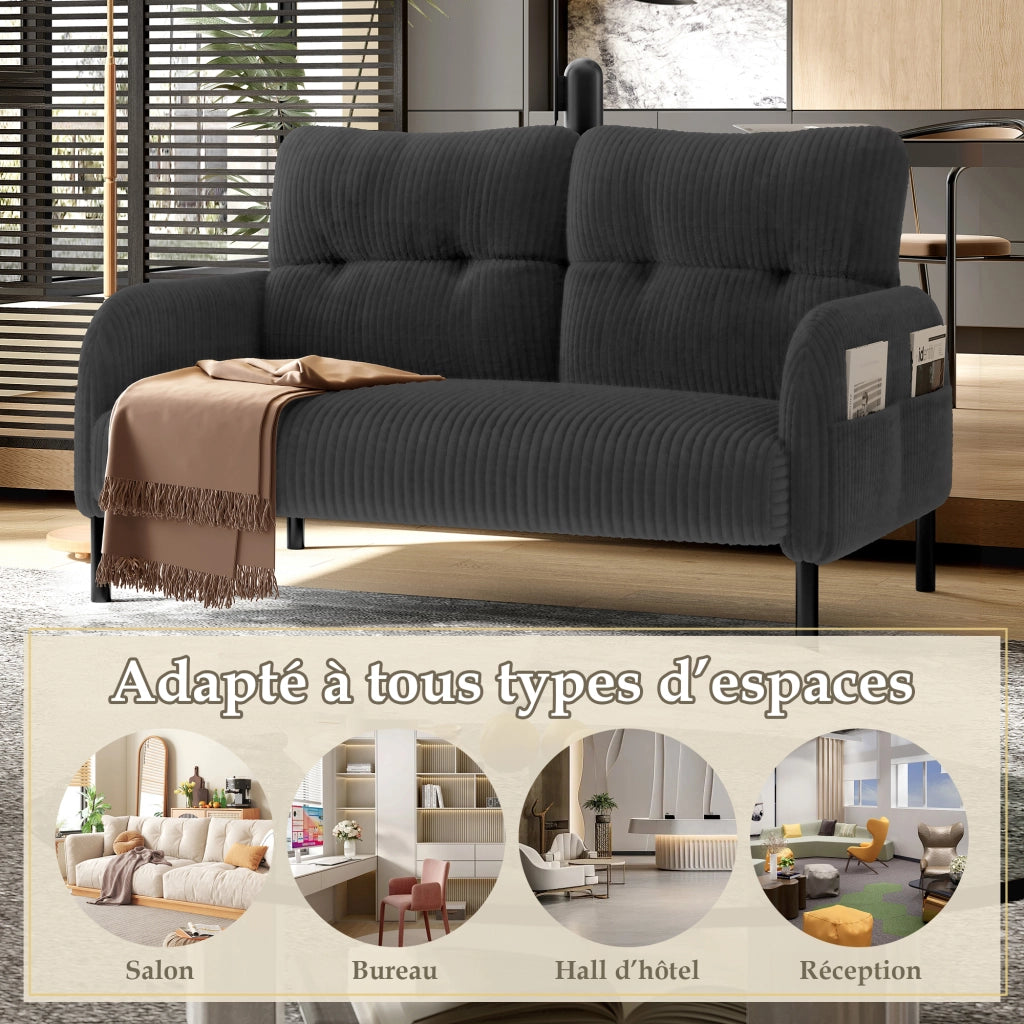 Divano a 2 posti in velluto a coste con schienale ergonomico e tasca laterale in metallo grigio 120 × 75 × 79 cm