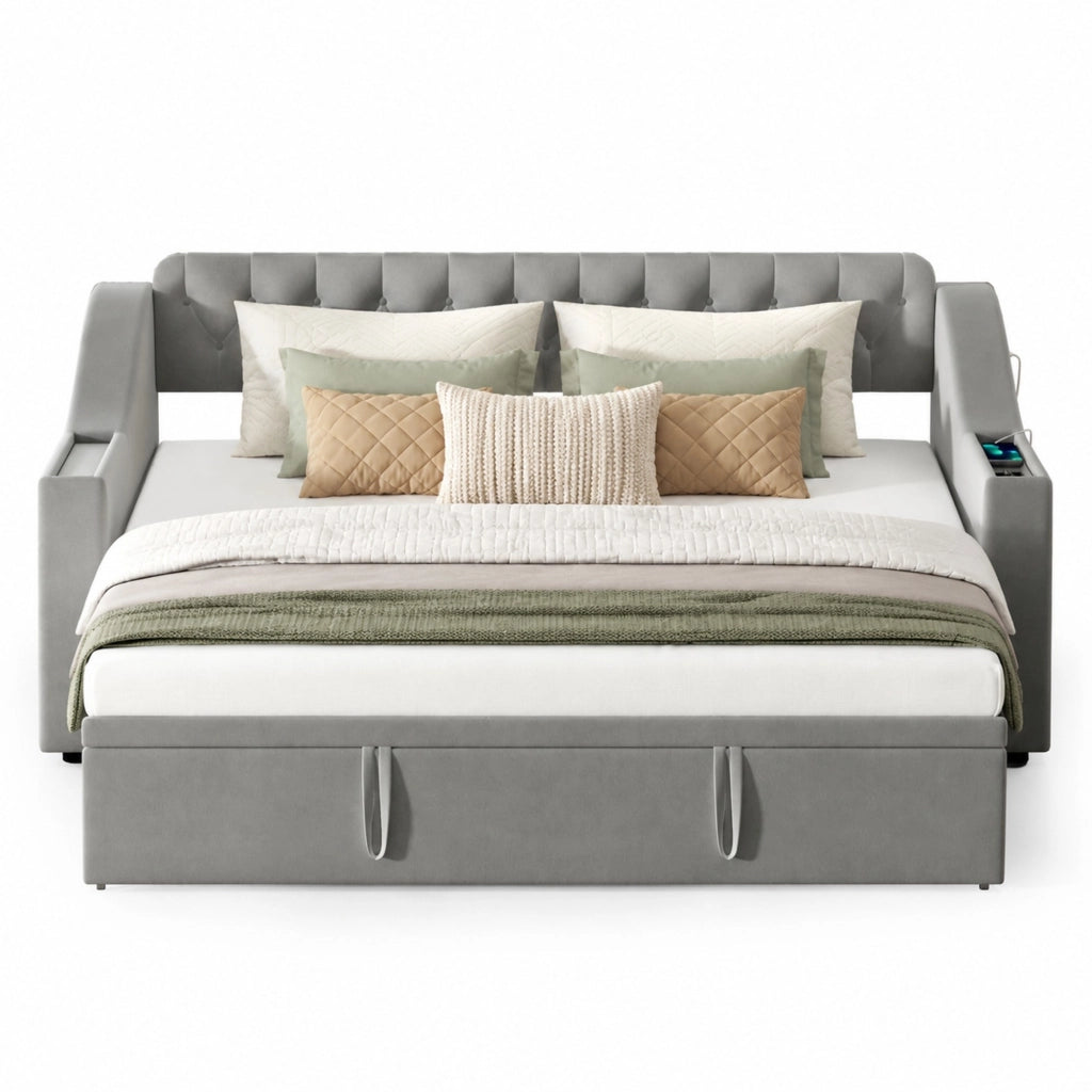 Divano letto imbottito estraibile 90x190 cm con rete a doghe, tessuto velluto, grigio