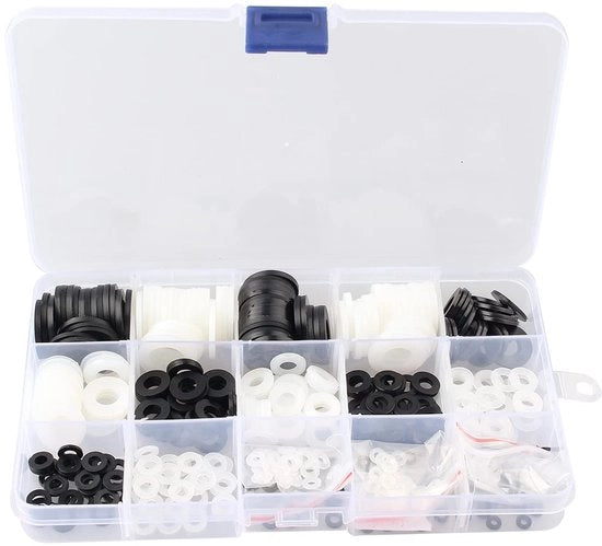 Pacco per Lavatrice 480 Stuks - Anelli di Accoppiamento in Nylon - Anelli di Spaziatura in Plastica - M2/M2.5/M3/M4/M5/M6/M8/M10/M12 - Bianco/Nero - Inclusa Scatola di Riposo - Anello di Accoppiamento