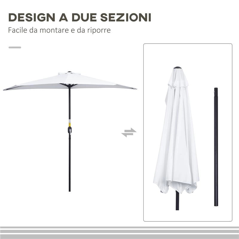 OMBRELLONE DA TERRAZZA A MEZZALUNA CON APERTURA A MANOVELLA E PALO A 2 SEZIONI 2.6X1.35 M BIANCO