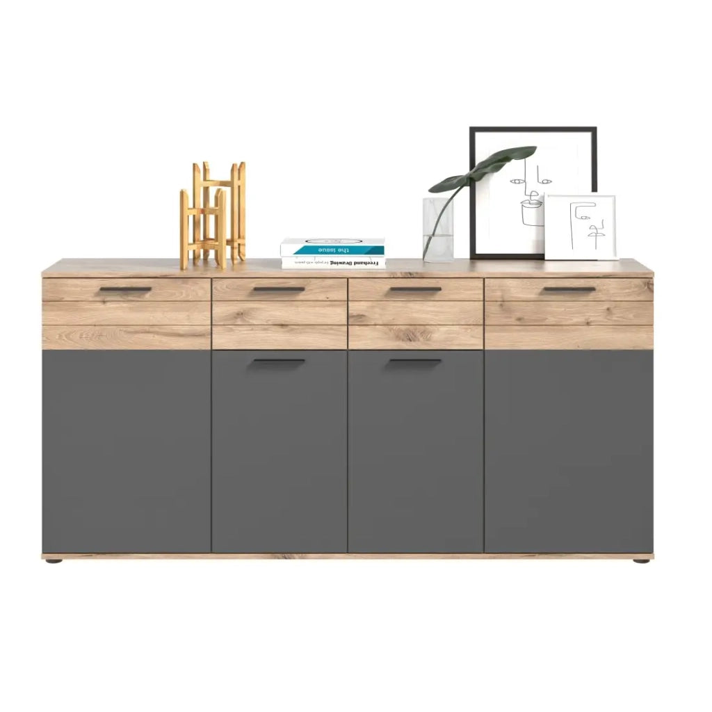 Buffet 4 porte 4 cassetti – Grigio antracite e rovere chiaro – SELMA
