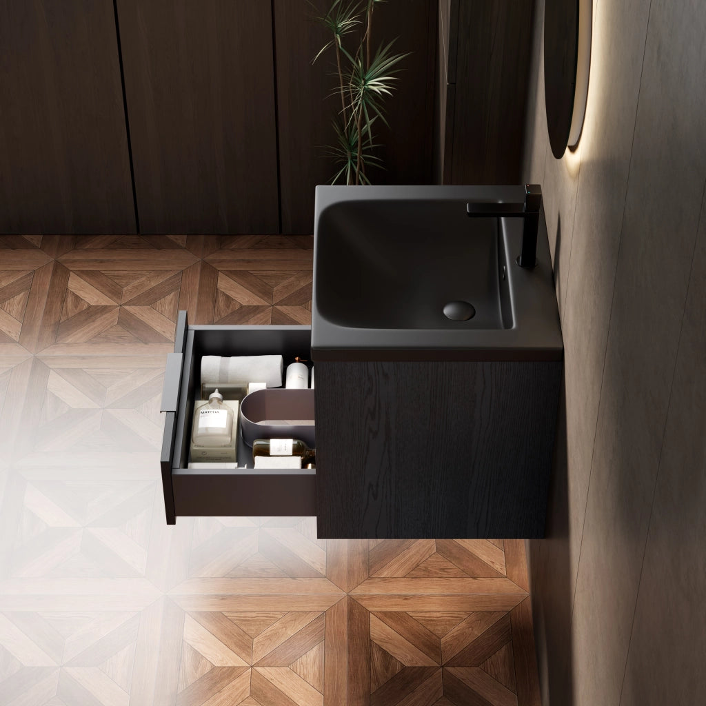 Mobile sottolavabo da bagno con lavabo integrato, cassetto e ripiano aperto, per bagno, nero e rovere scuro, 59 × 55 × 63 cm