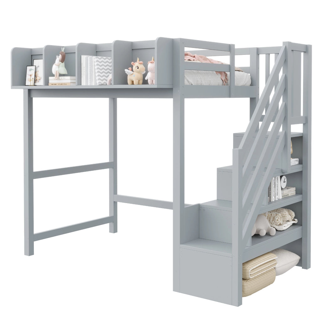 Letto a soppalco 90x200 cm in legno grigio con LED; sponde di sicurezza; ripiani e scala
