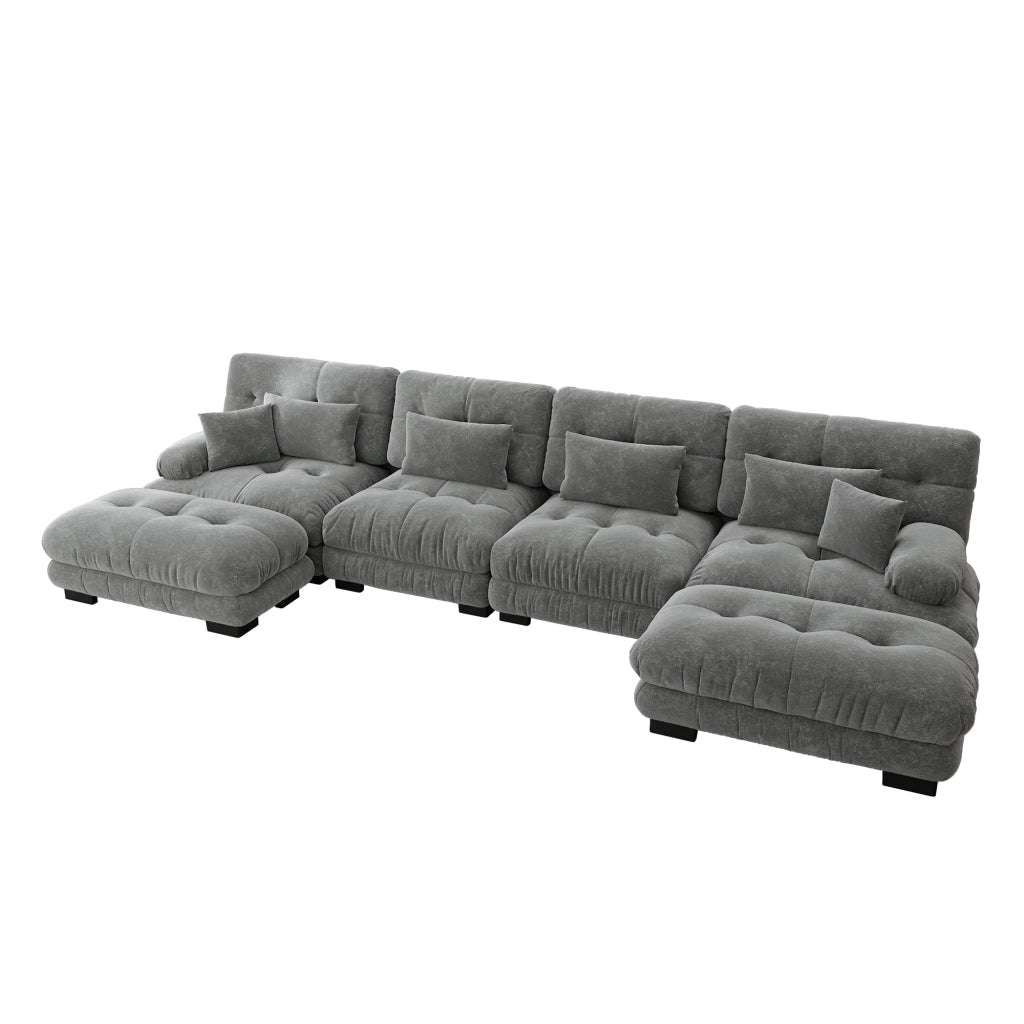 Divano modulare ad angolo a U 4 posti con pouf mobile e cuscini decorativi per soggiorno in chenille grigio