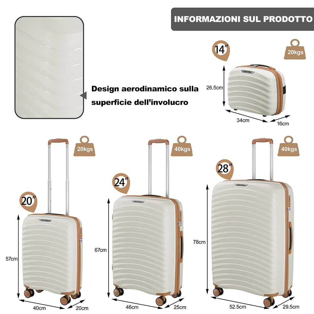 Set 4 Valigie Trolley Rigide con Beauty Case Resistente a Urti in Polipropilene Bianco Perla