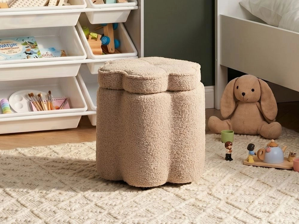 Pouf in bouclè beige con vano portaoggetti motivo floreale per soggiorno e camera da letto stile scandinavo