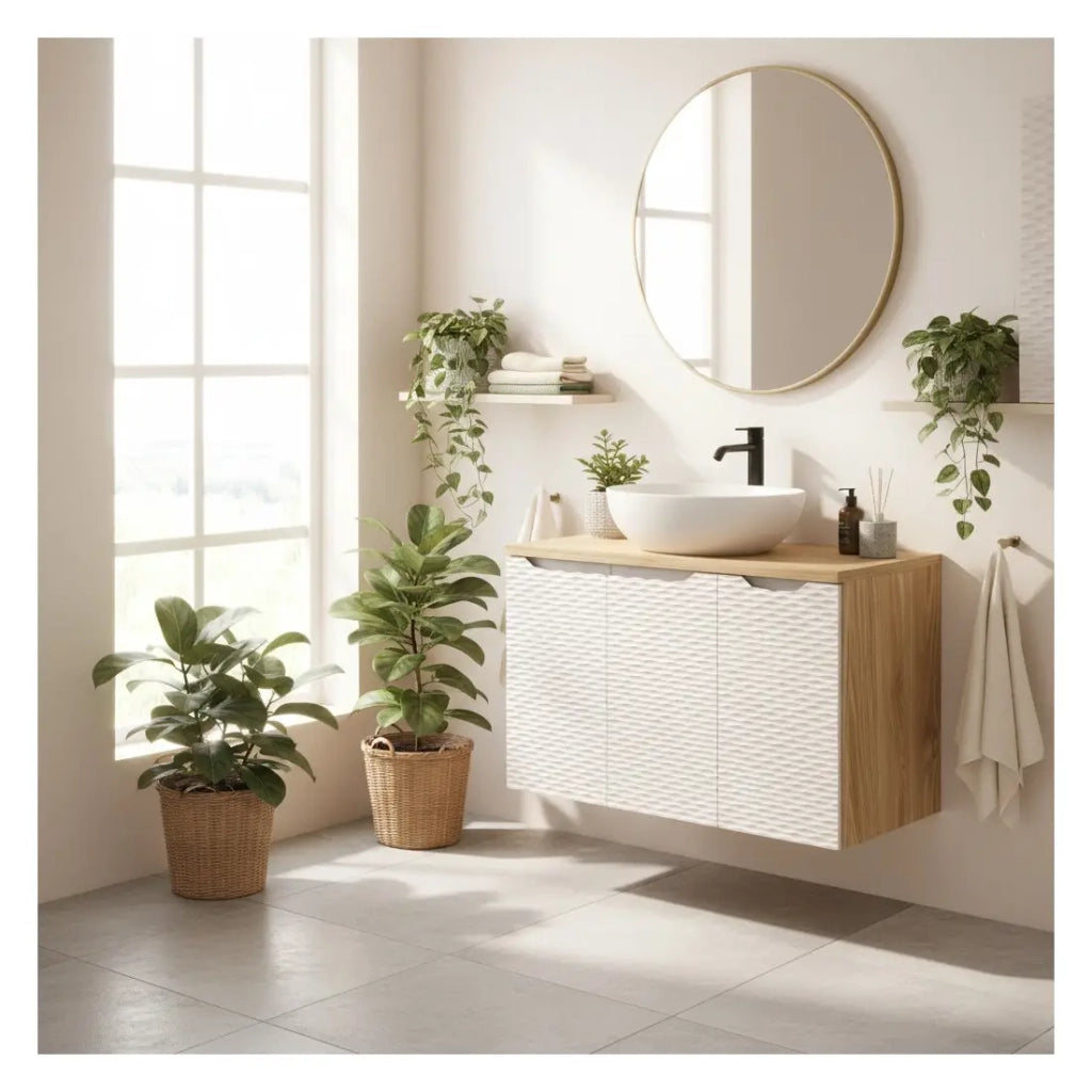 Set da bagno YOKA beige: mobile sottolavabo con armadietti 90 cm + piano lavabo