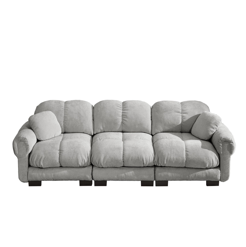 Divano modulare in chenille 260x86x90 cm con cuciture trapuntate; cuscini spessi; grigio chiaro
