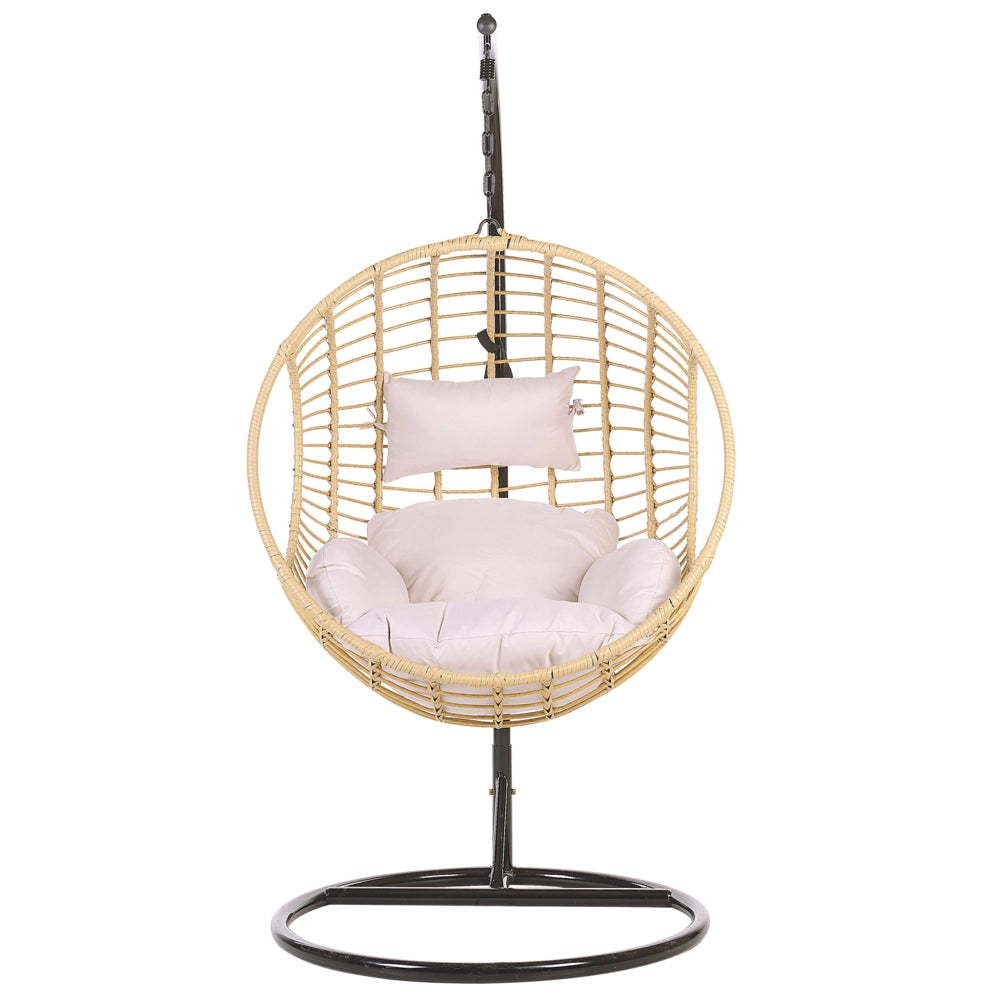 Sedia sospesa poltrona pensile Cestino di vimini rotondo in rattan beige con cuscini Struttura in metallo Boho