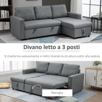 Divano Letto 3 Posti e Penisola con Contenitore, Rivestimento Tessuto Effetto Lino, 211.5x146x85cm