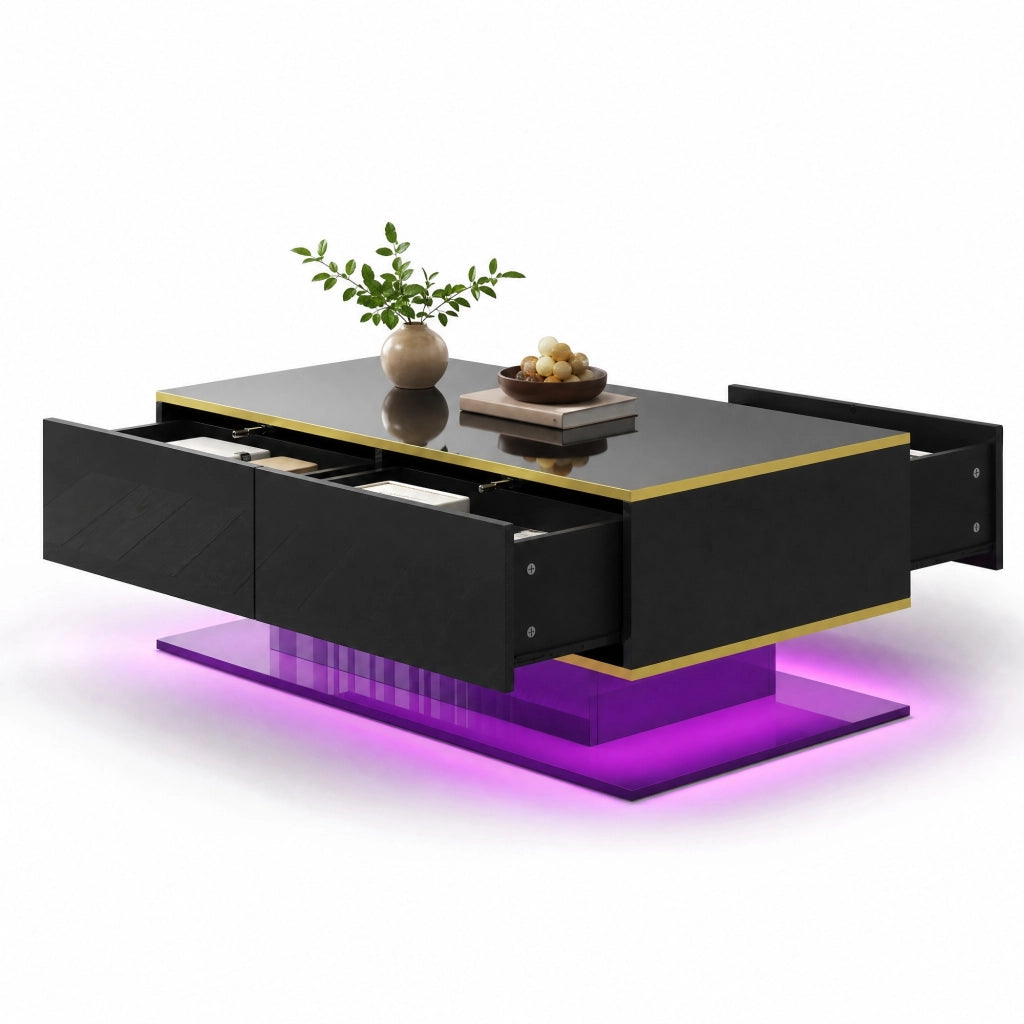 Tavolino da caffè moderno 100x50x40 cm nero con finiture oro, 3 cassetti e striscia LED USB